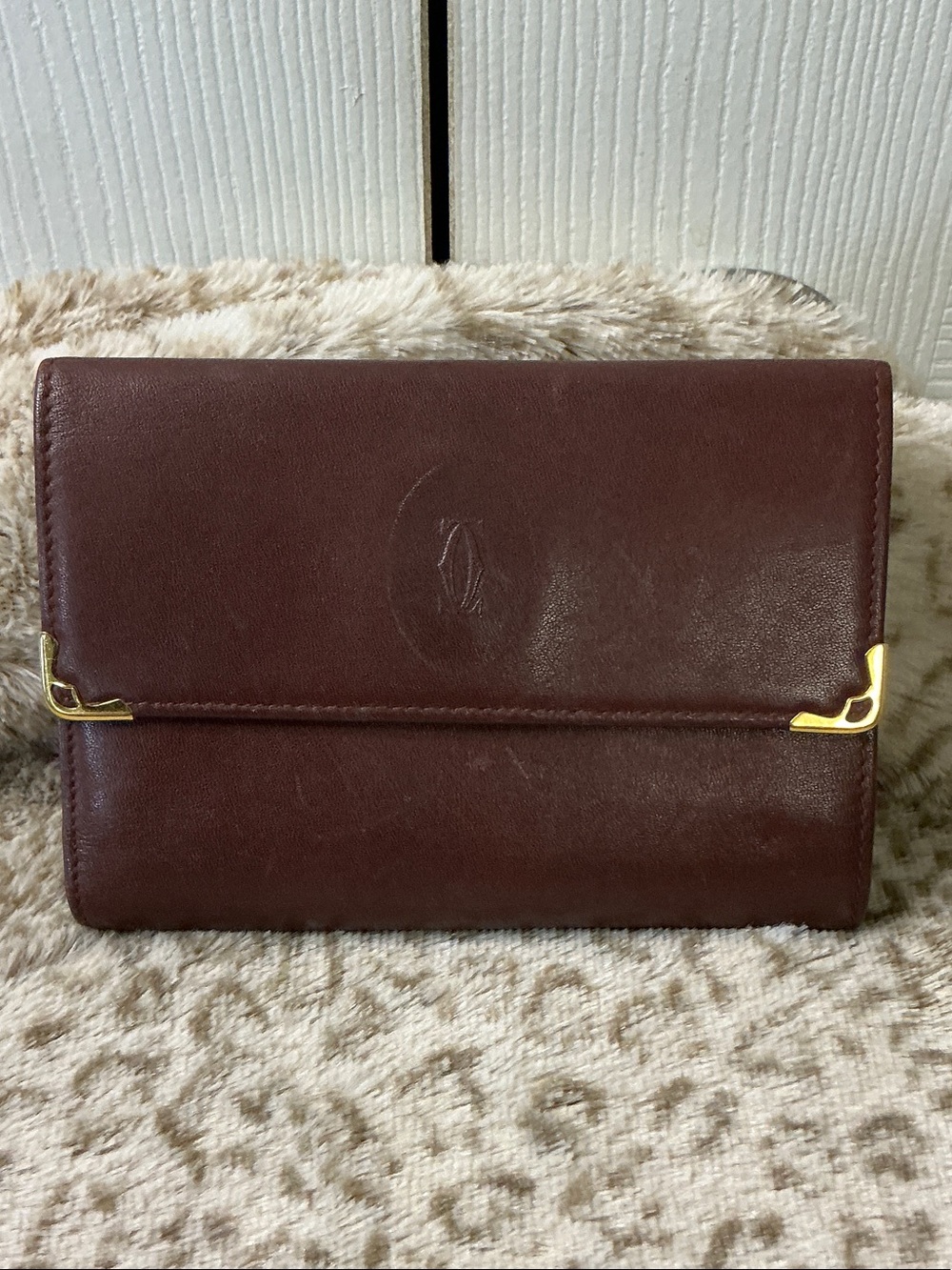 Cartier Burgundy Leather Trifold Wallet Clutch w/ Gold Corners Calfskin  Leather